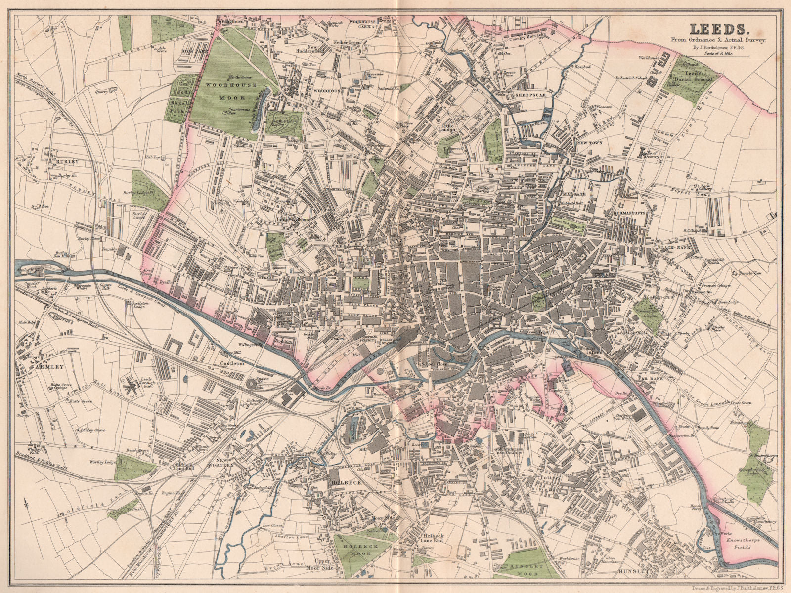 LEEDS. Antique town city plan. Yorkshire. BARTHOLOMEW 1865 old map